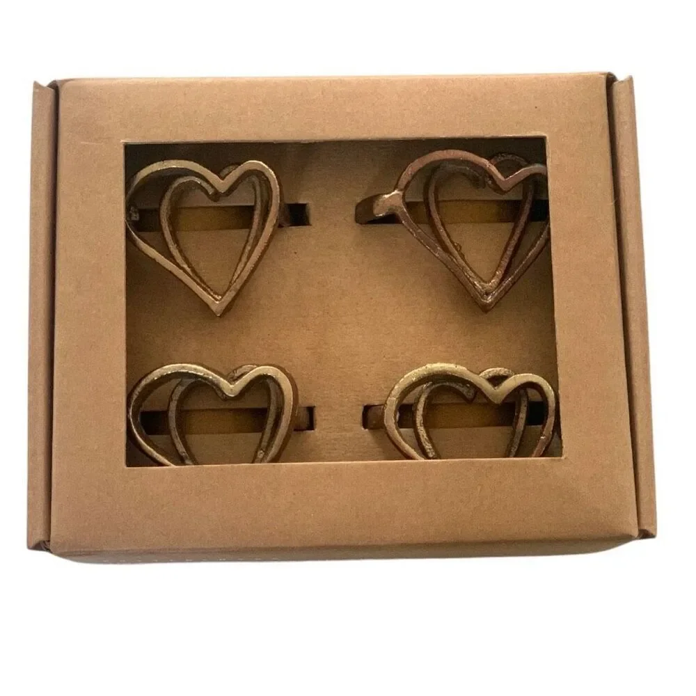 Pottery Barn Heart-Shaped Napkin Rings Set of 4 - Handcrafted Aluminum Brass Fin